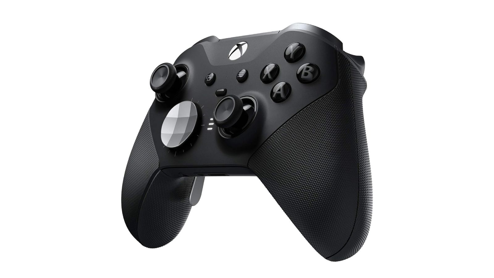 Xbox Elite Series 2 product image of a black Xbox-style gamepad featuring a white and grey gradient thumb pad on the left.