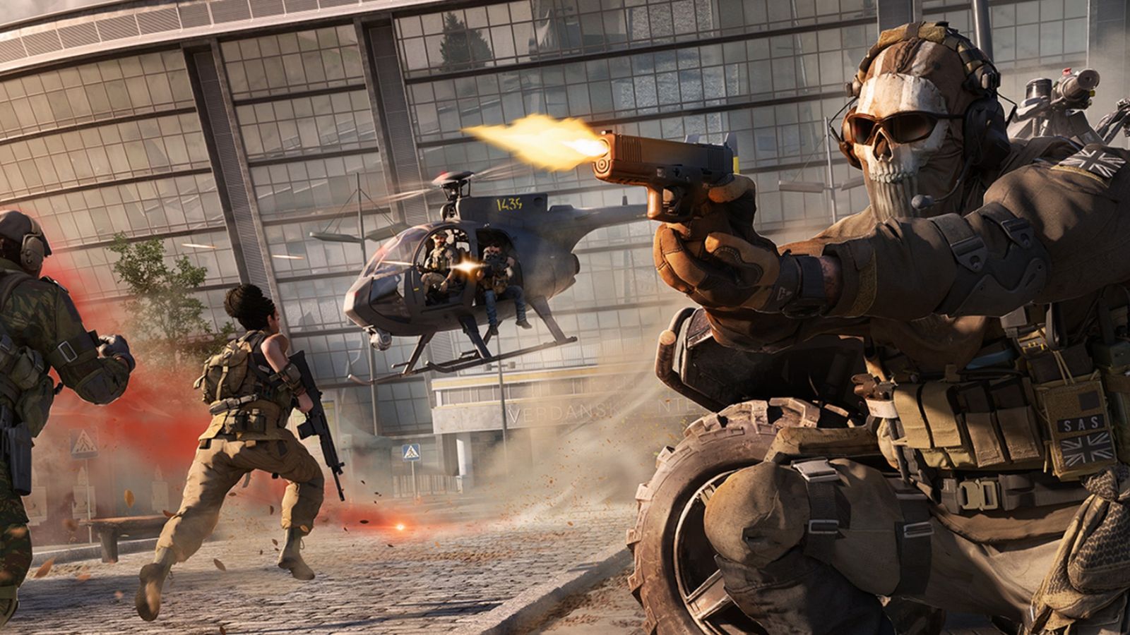 Screenshot of Warzone 2 player firing pistol as Ghost with helicopter taking off in the background