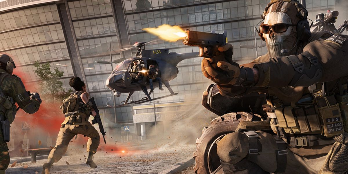 Screenshot of Warzone 2 player firing pistol as Ghost with helicopter taking off in the background