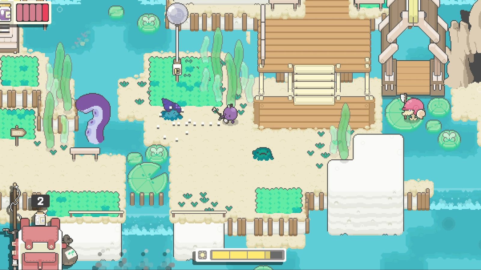 A 2D landscape featuring water, sand, lilypads, and several purple characters.