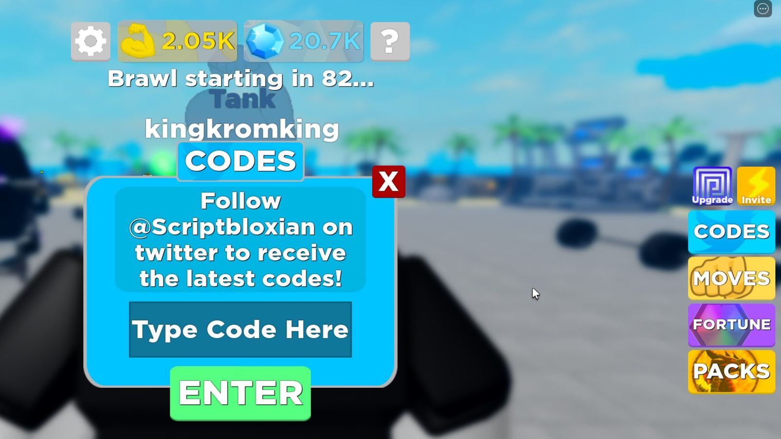The Muscle Legends code redemption screen and menu