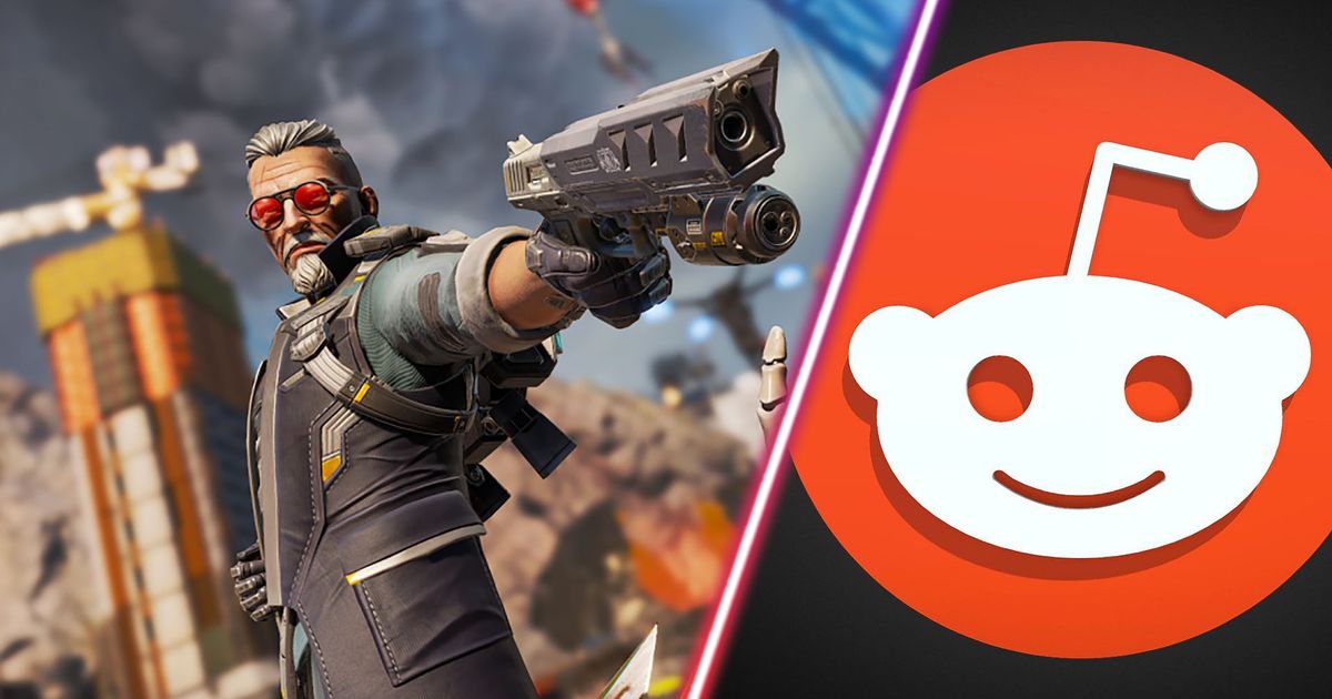 Screenshot showing Apex Legends Ballistic aiming with a pistol and the Reddit logo on a black background