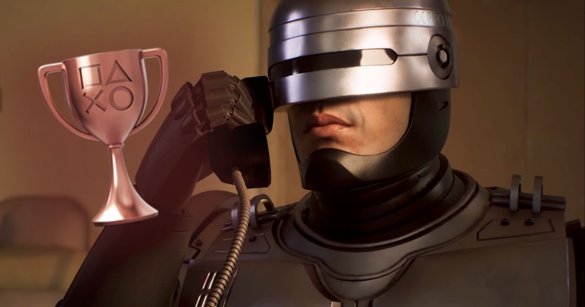 RoboCop holding a telephone with a PlayStation bronze trophy floating nearby