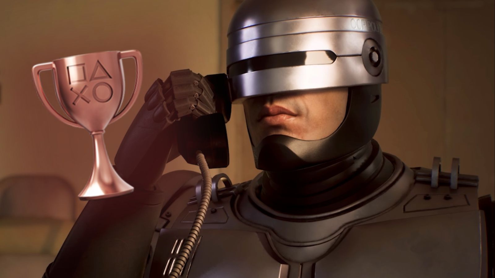 RoboCop holding a telephone with a PlayStation bronze trophy floating nearby