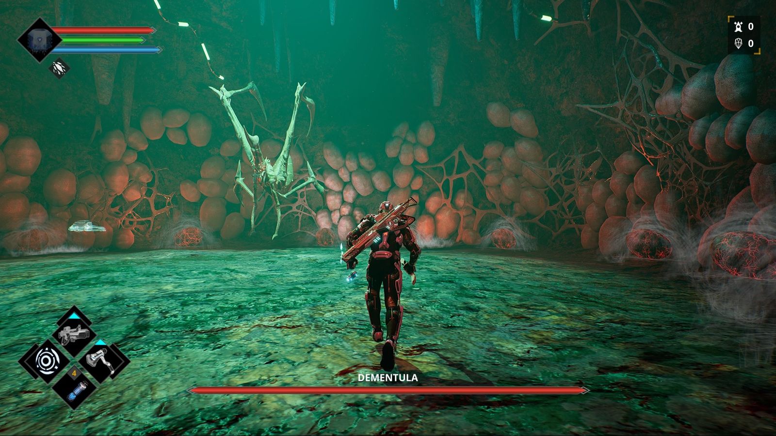 Image of the player character fighting the Dementula boss in Dolmen.