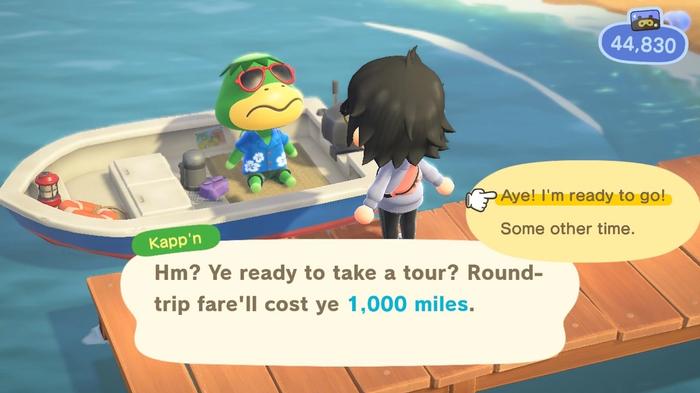 A player paying Kapp'n 1000 Nook Miles at the pier of their island to go on an Island Tour in Animal Crossing: New Horizons.