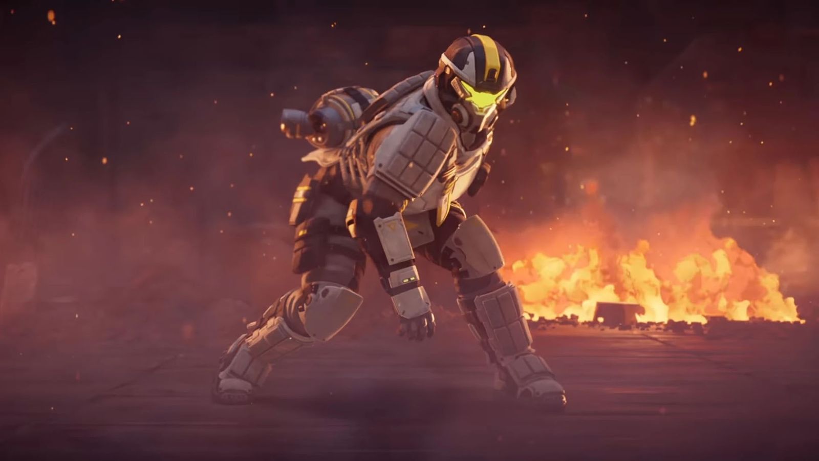 Screenshot of Apex Legends Scryer wearing body armour with flames in the background