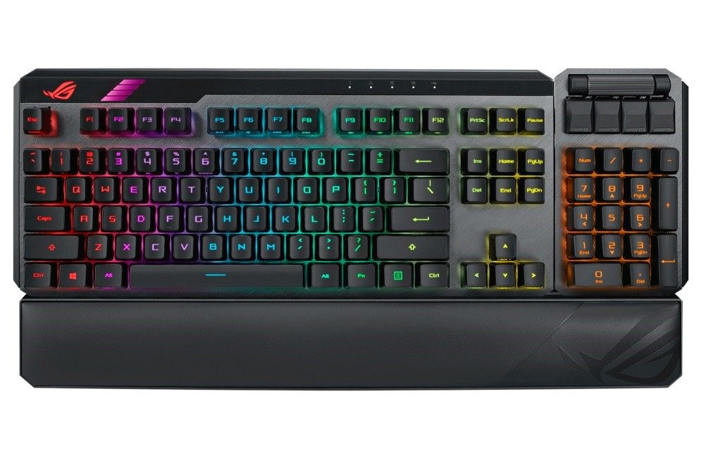ASUS ROG Claymore II product image of a black keyboard with multicoloured backlit keys.