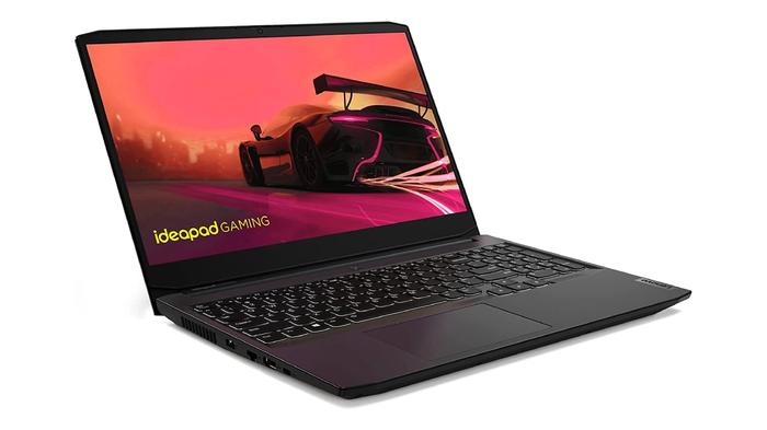 Best Final Fantasy XVI gaming laptop - Lenovo IdeaPad Gaming 3 product image of a black laptop featuring a car graphic on the display with an orange and red tint.
