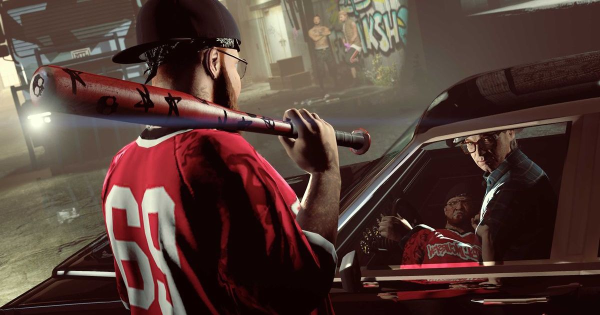 GTA Online player standing next to car while hoilding baseball bat