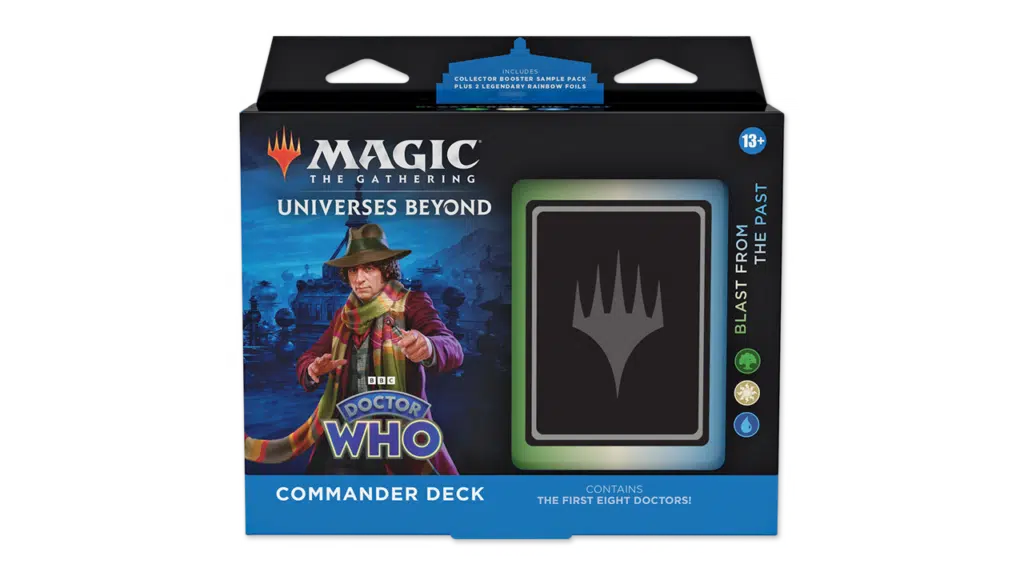A picture of the physical box featuring Magic The Gathering Dr Who cards