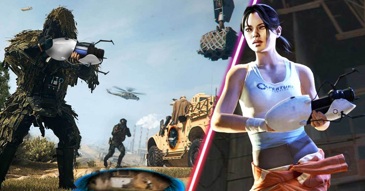 Warzone 2 player holding Portal gun and Portal 2 Chell