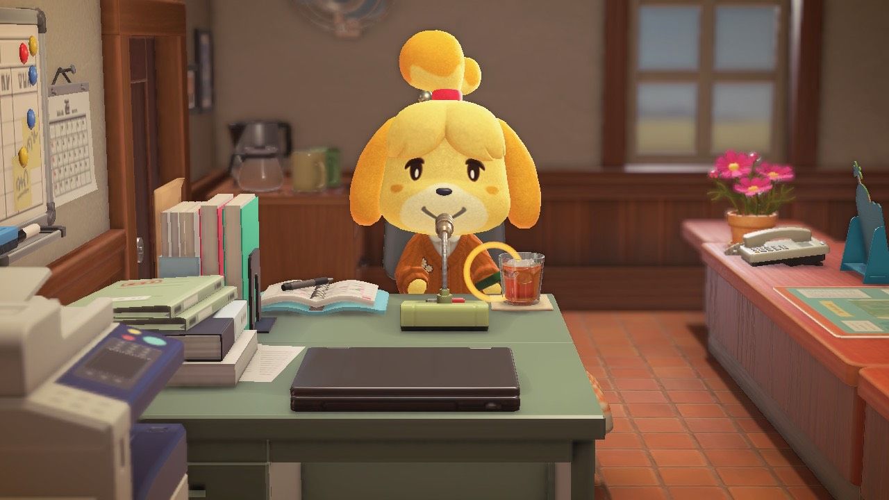 Isabelle in the Resident Services building pinging a new recipe over to a player's phone in Animal Crossing: New Horizons.