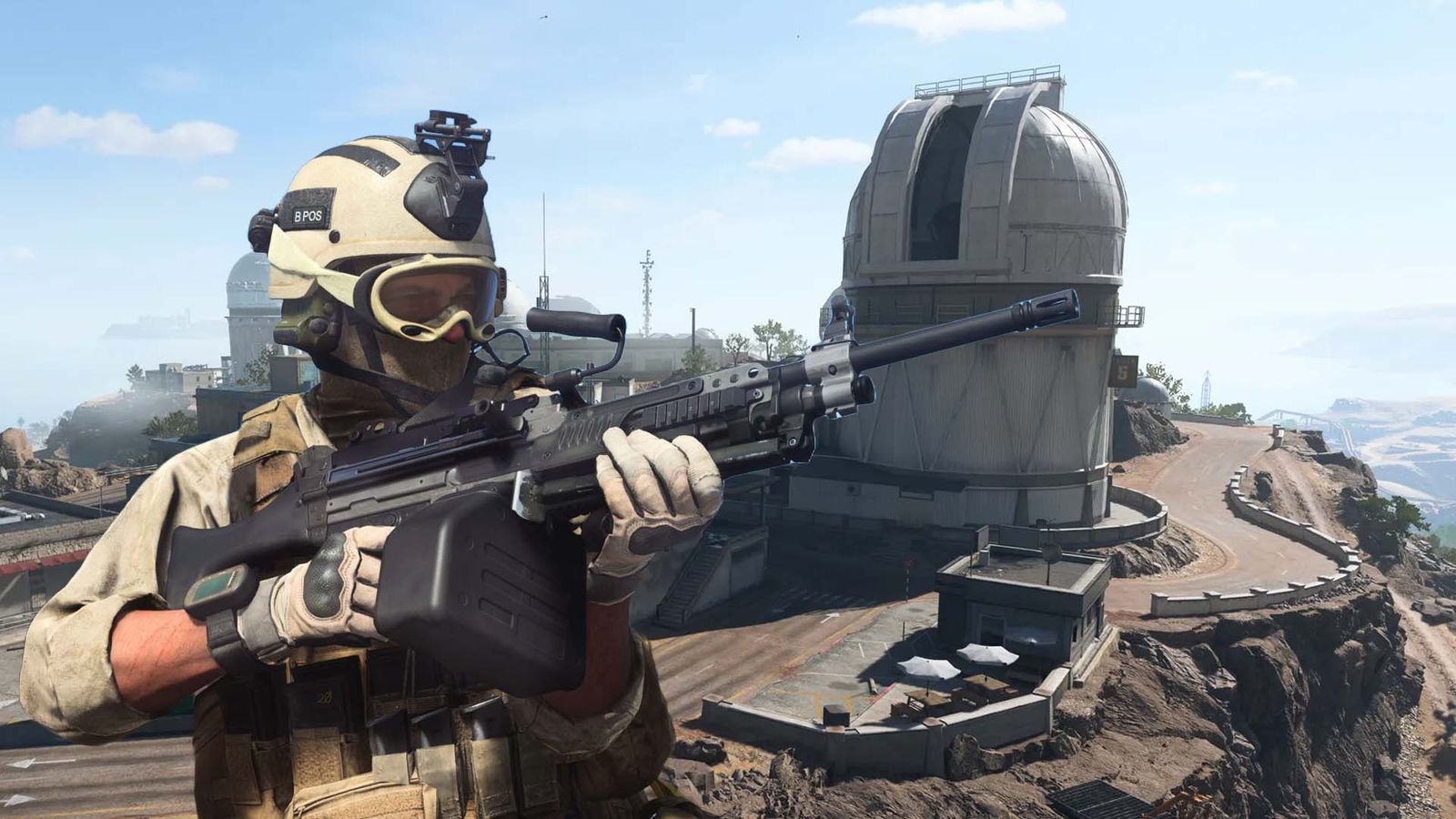 Warzone player holding Bruen MK9 LMG with Observatory tower in background