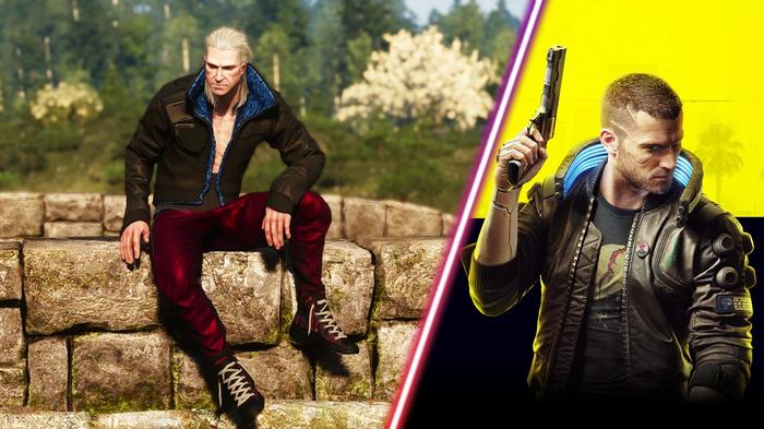 The Witcher 3's Geralt dressed on clothes from Cyberpunk 2077.