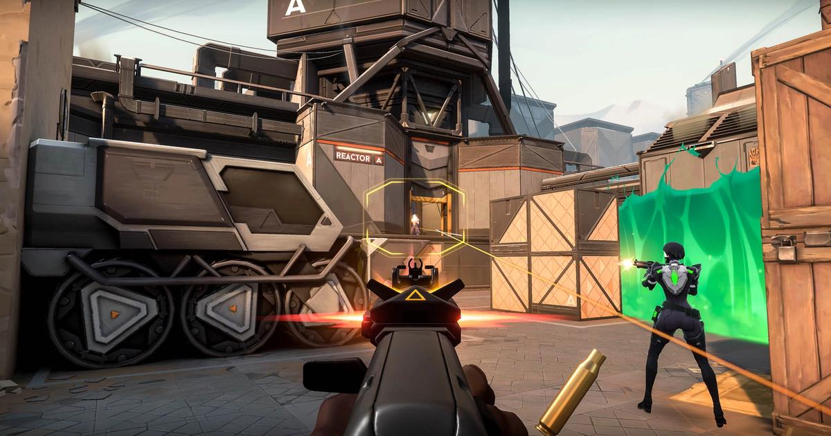 A player using the Guardian gun to aim at an enemy in the heaven area of Site A on the Bind map, stood next to Viper, in Valorant.