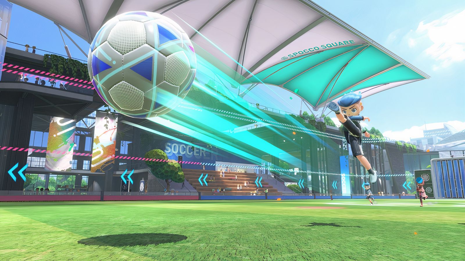 The football game in Switch Sports, shown by a character booting the ball at the camera.