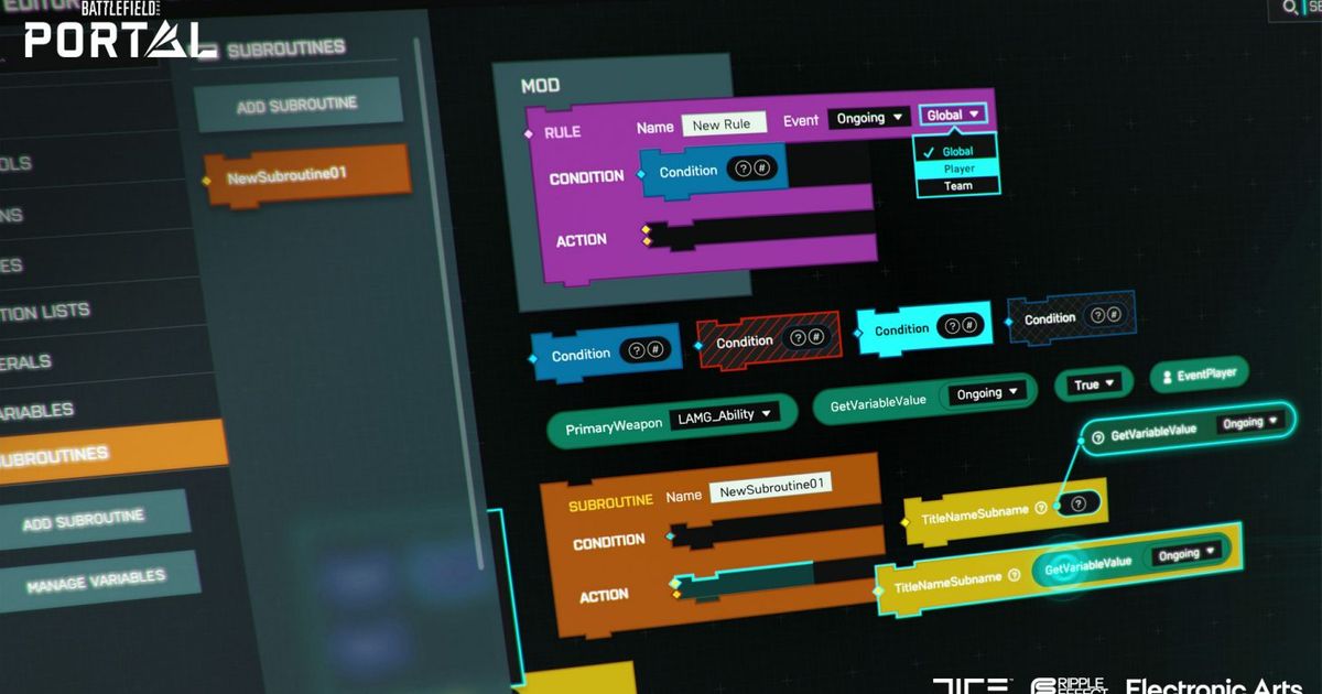 The Battlefield Portal shows flowcharts when players edit aspects of the game.