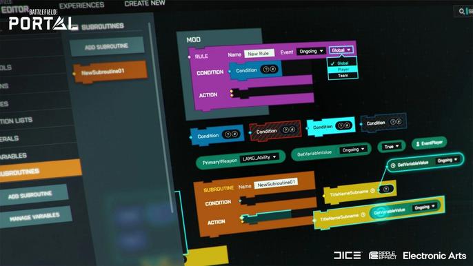 The Battlefield Portal shows flowcharts when players edit aspects of the game.