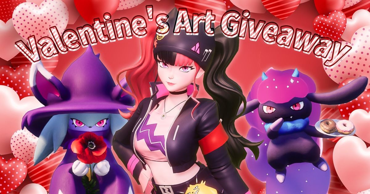 palworld valentine's art giveaway hearts background zoey, katress, and daedream