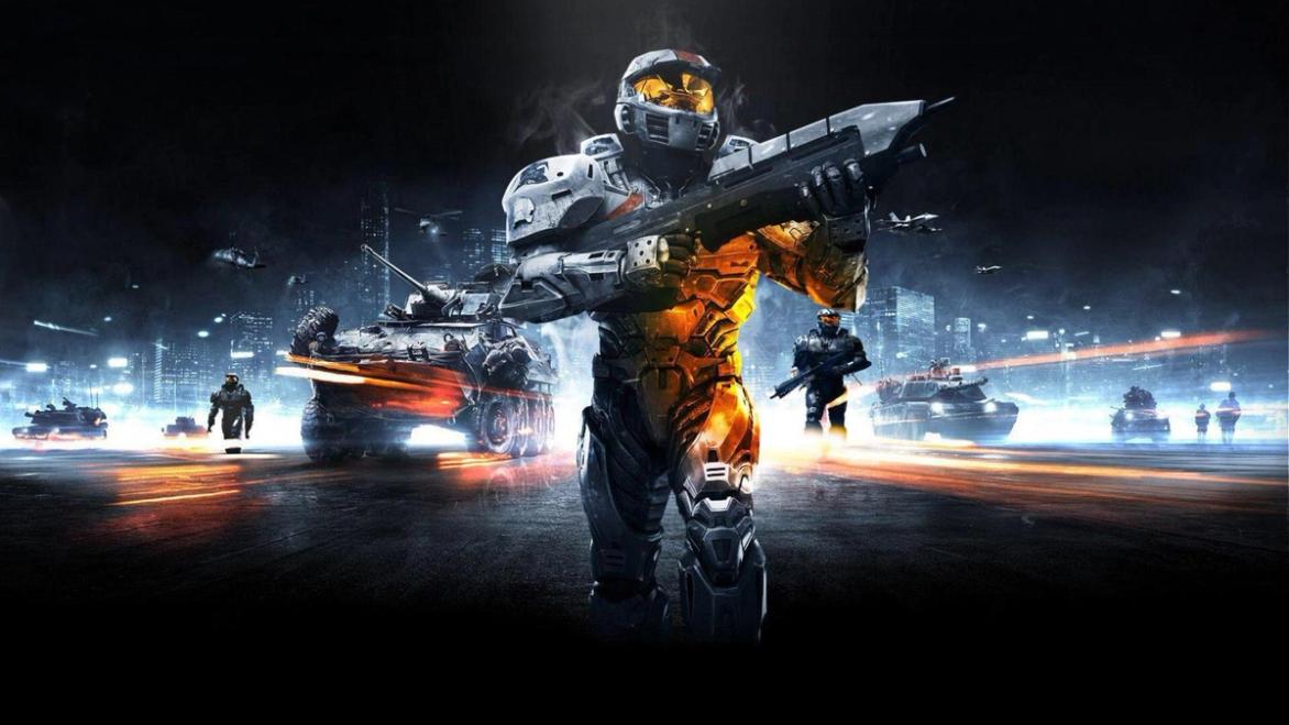 master chief holding weapon in battlefield art style and background
