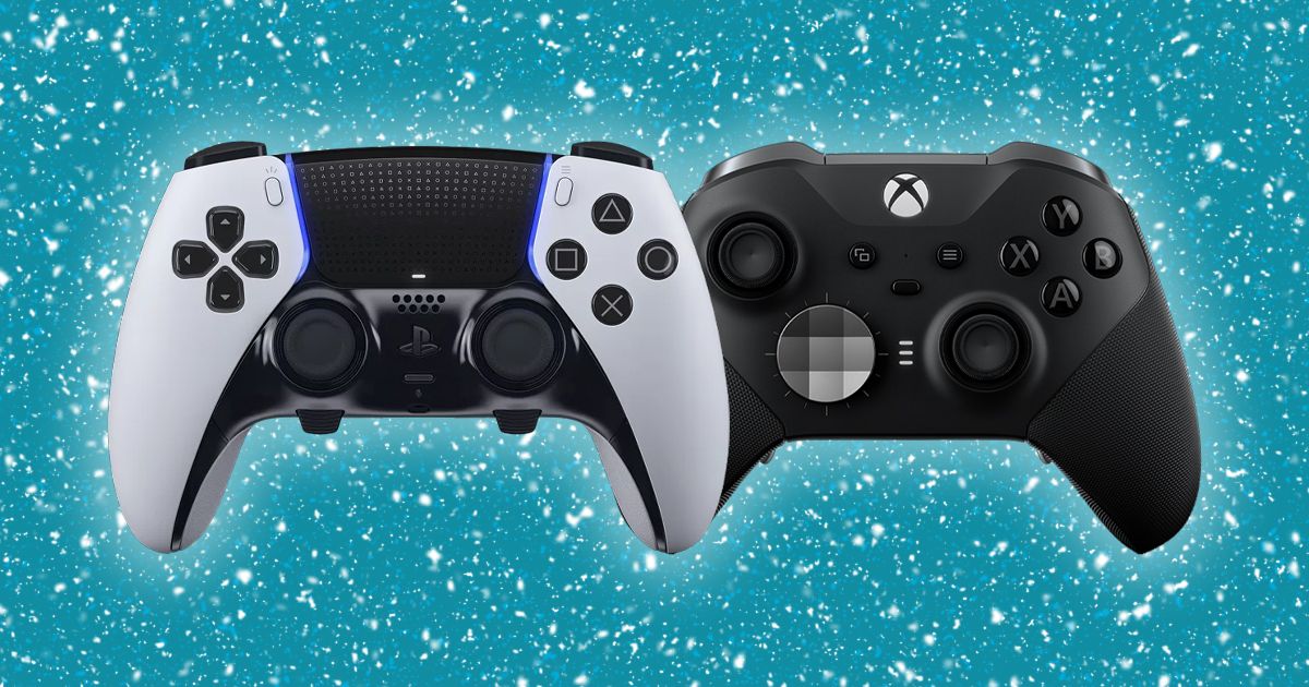 A white and black DualSense Edge next to a black Elite Series 2 controller with a snowy blue background behind them.