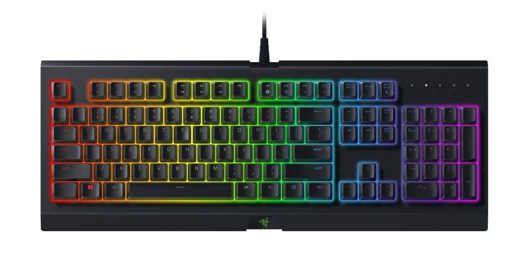 Razer Cynosa Chroma product image of a black, illuminated gaming keyboard.