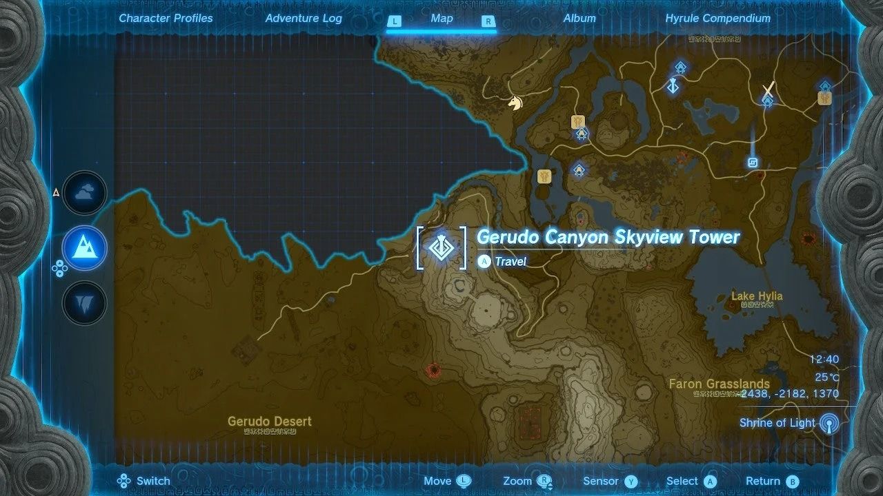 A screenshot of the map of the Gerudo Canyon Skyview Tower in Zelda Tears of the Kingdom. 