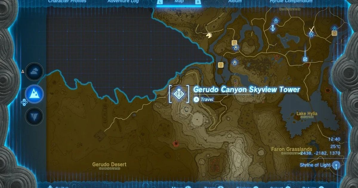 A screenshot of the map of the Gerudo Canyon Skyview Tower in Zelda Tears of the Kingdom. 