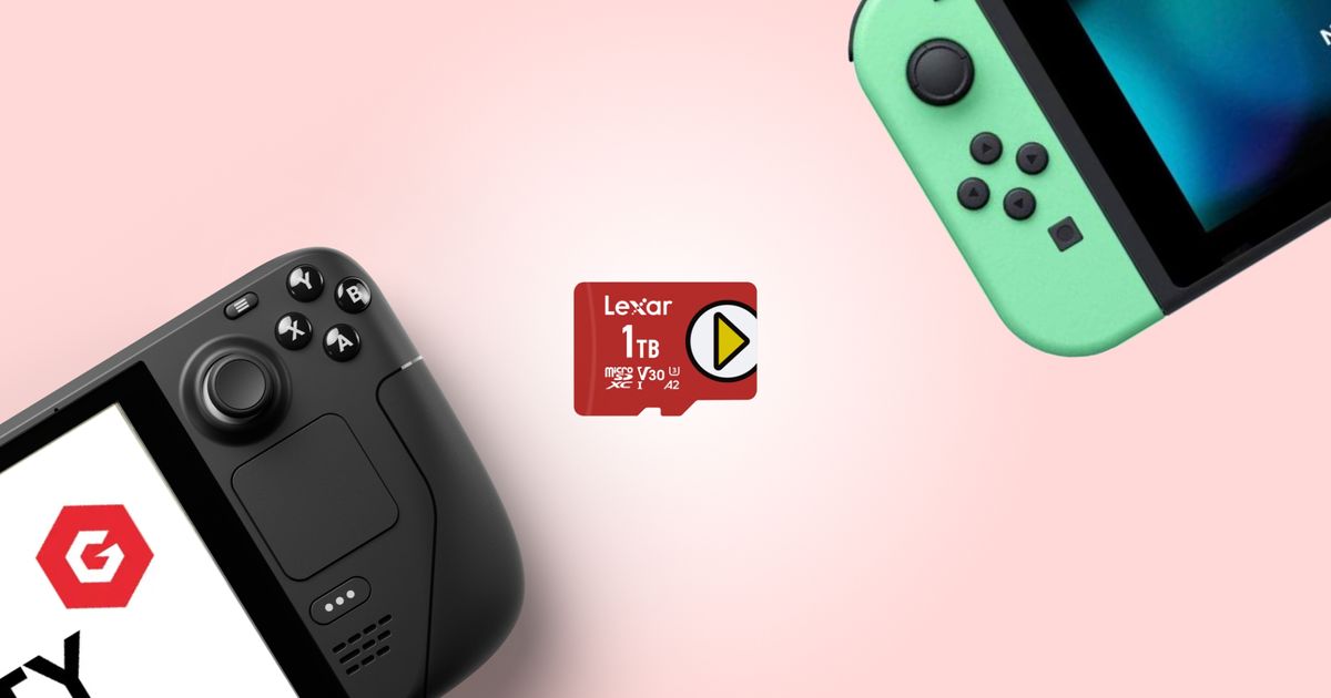 A Lexar Play 1TB SDXC card sots om the centre surrounded by a Nintendo Switch and Steam Deck