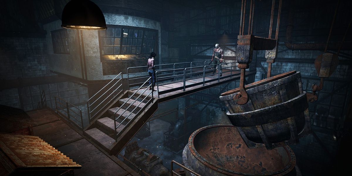 Survivor, Claudette Morel, faces killer, The Trapper, in the main building of one of the Macmillan Estate maps in Dead by Daylight.