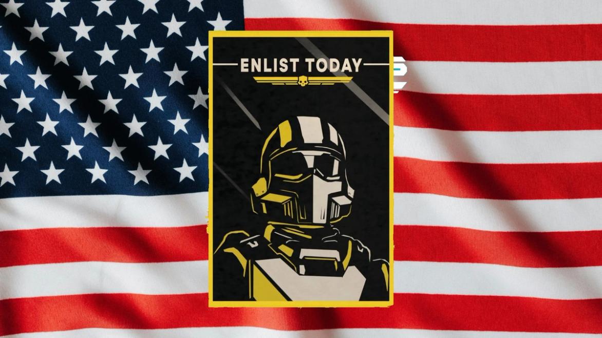 helldivers 2 recruitment poster on american US flag