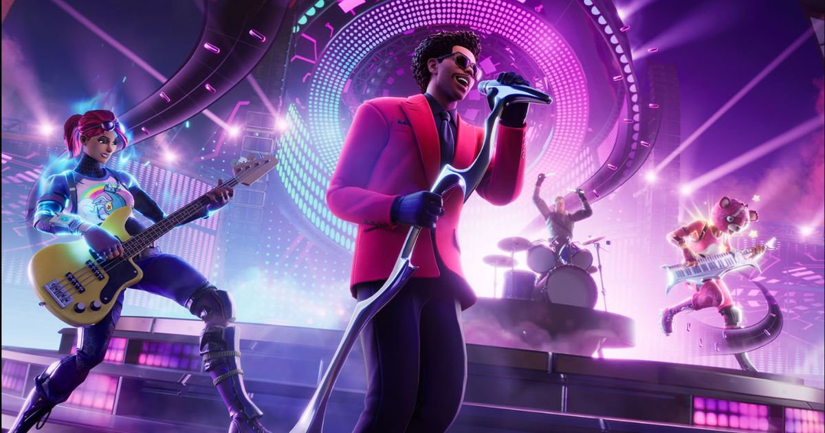 Artist The Weeknd performing in a Fortnite stage alongside a band