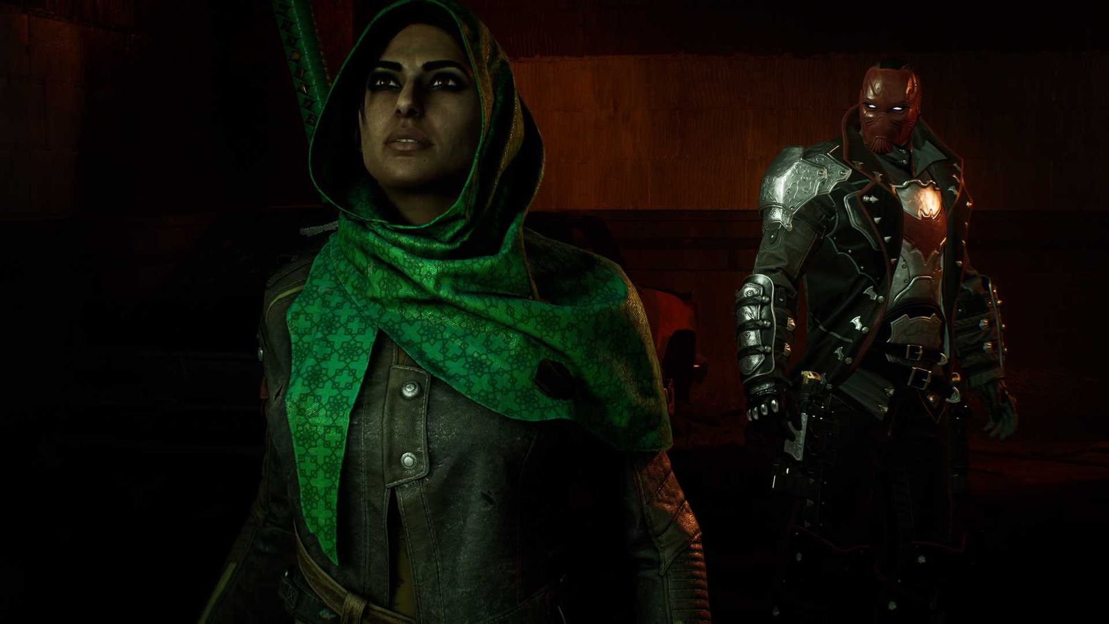 Red Hood looking at Talia al-Ghul in Gotham Knights.