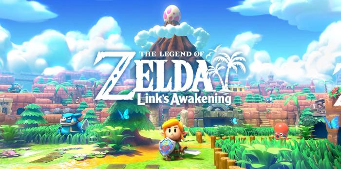 Game image of Link's Awakening featuring a small Link in front of a volcano.