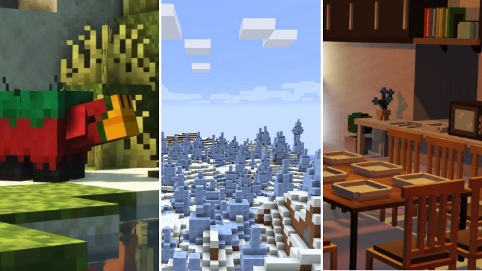 A Minecraft Sniffer, icy biome, and furniture.