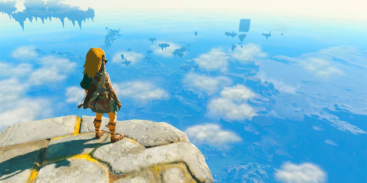 Link looking across the Hyrule sky in Zelda Tears of the Kingdom.