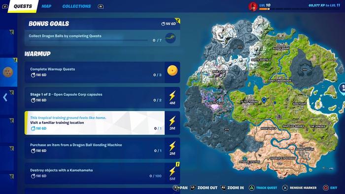 Image of the Fortnite map showing the training location.