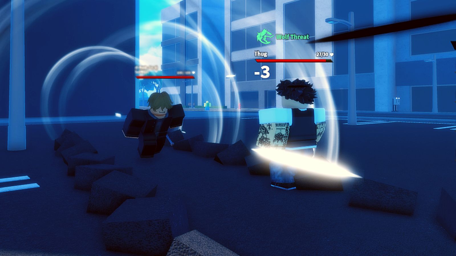 Roblox man dashes towards a "Wolf Threat Thug" in One Punch Hero gamemode