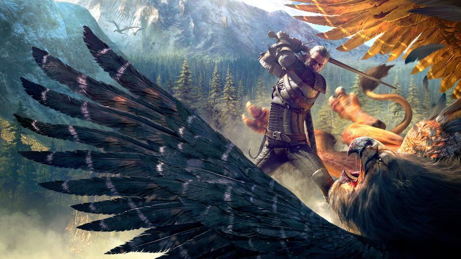 Geralt of Rivia slaying a griffin in The Witcher 3: Wild Hunt artwork.