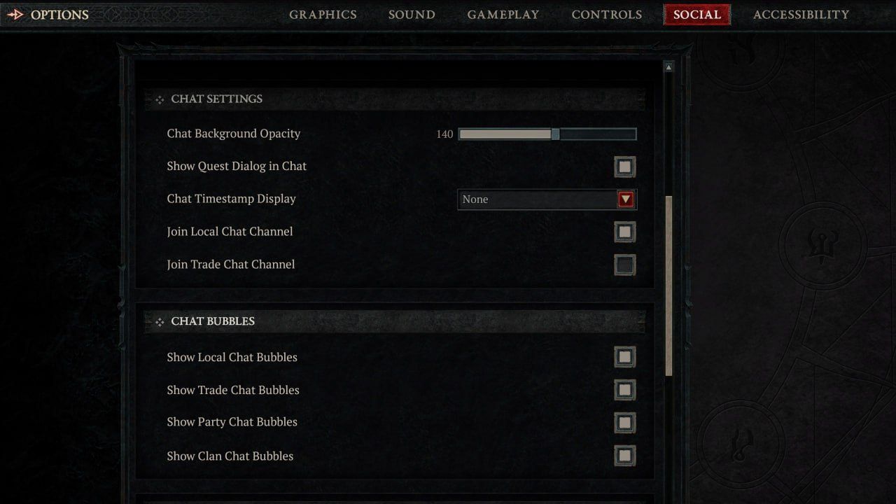 The "Chat Setting" and "Chat Bubbles" sections in Diablo 4