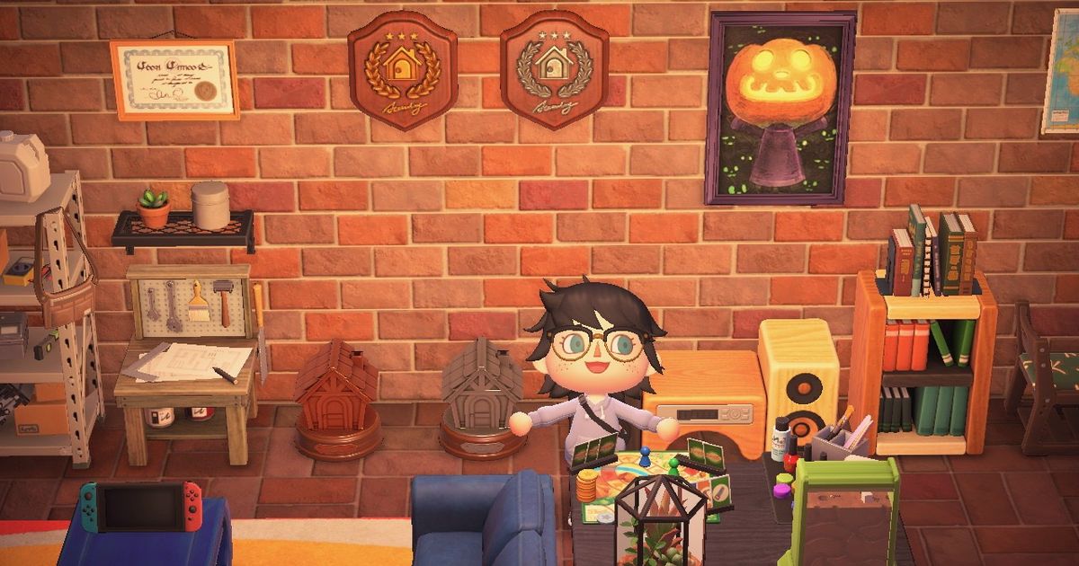 A player in their home with plaques and trophies on display from the Happy Home Academy  in Animal Crossing: New Horizons.