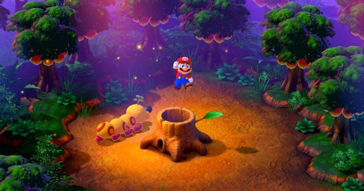 Mario jumping out of a tree stump in Super Mario RPG