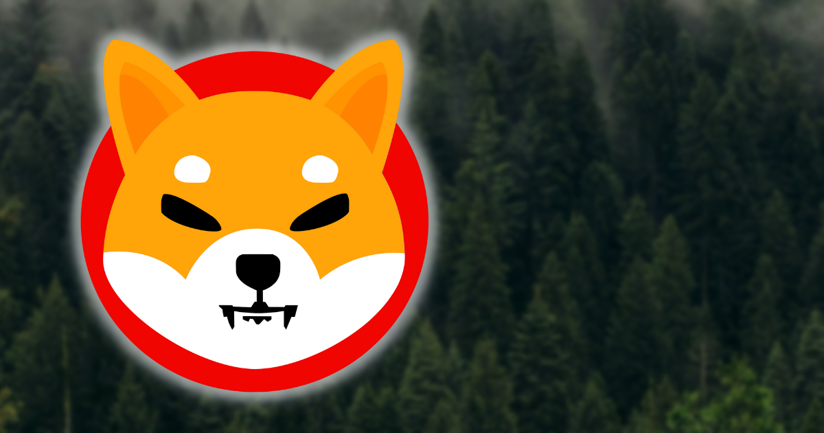 Image of Shiba Inu logo against a blurred green background of a forest of trees.