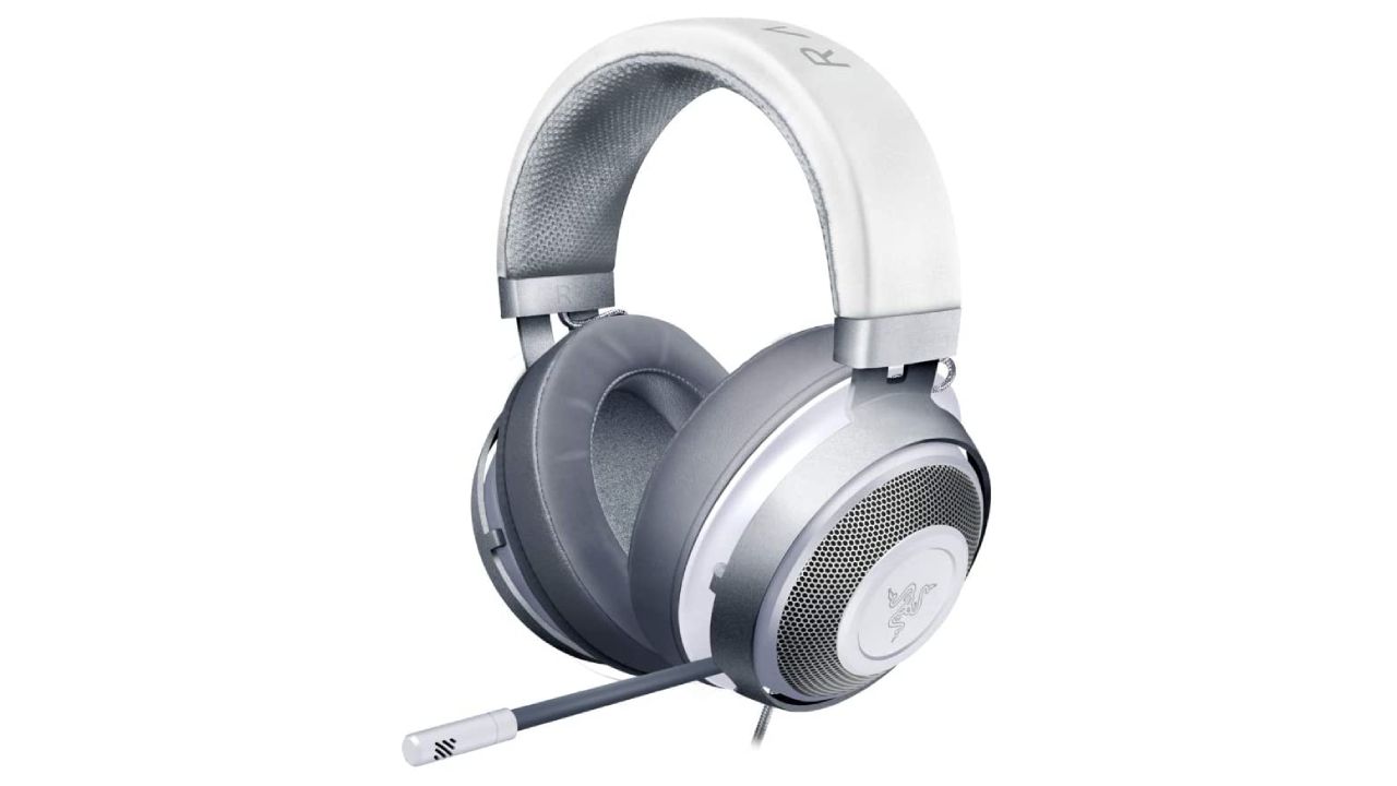 Razer Kraken product image of a white and grey over-ear headset.