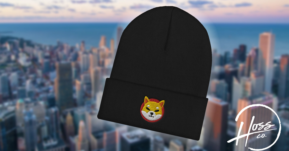 Shiba Inu Coin Beanie Hat on background of Chicago with Hoss Company logo after buying SHIB.