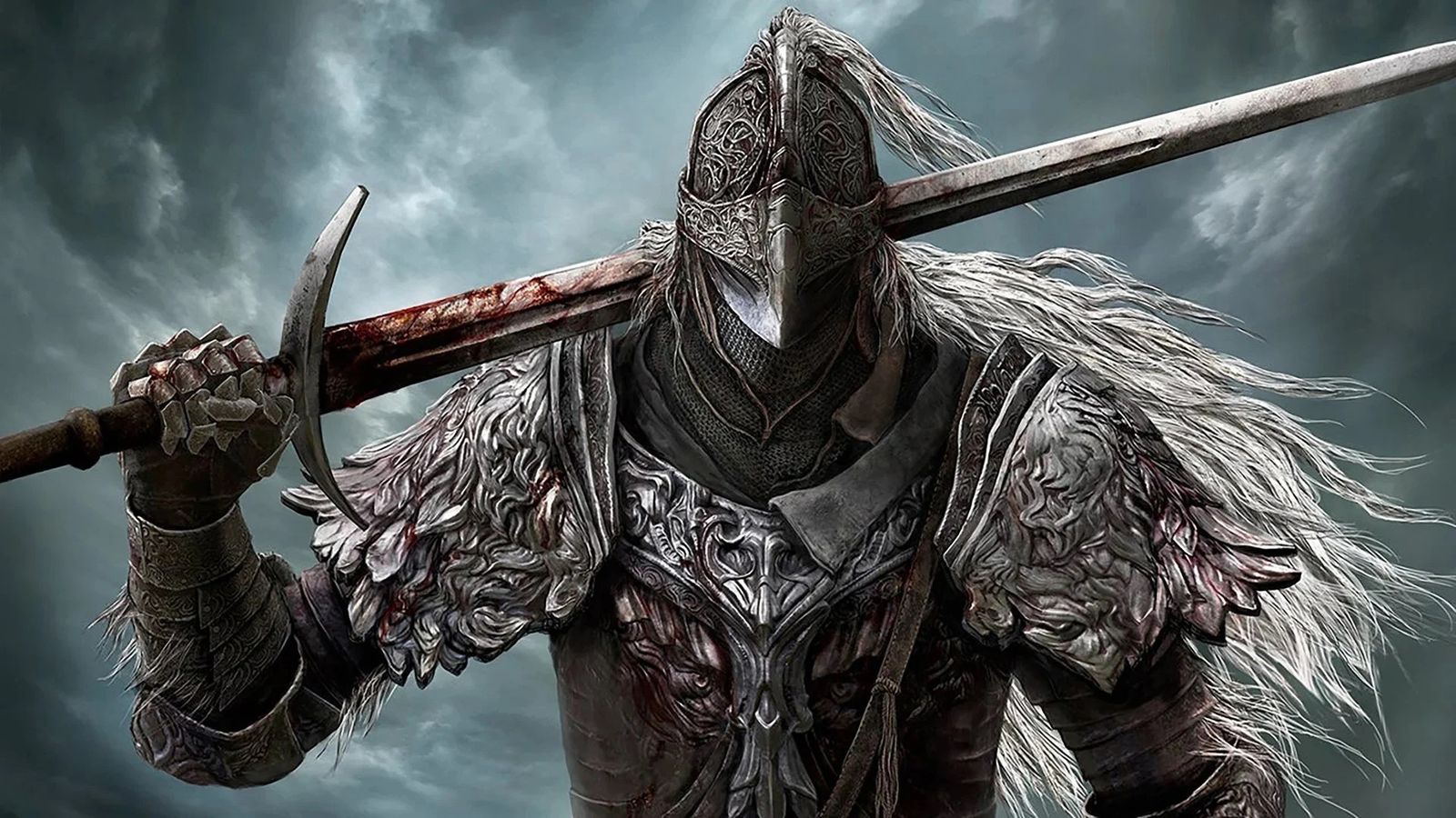 An image of a character in bloody wolf rage armour holding a sword from Elden Ring.