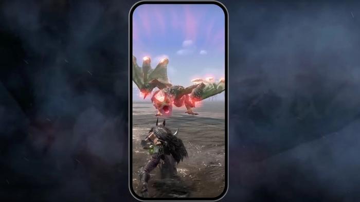 The character is fighting against a dragon in Monster Hunter Now.
