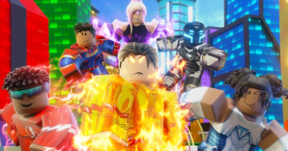 Screenshot from Mad City, showing several Roblox superheroes preparing for battle