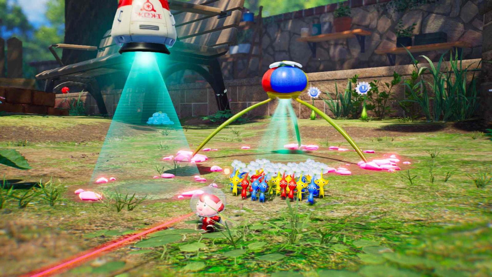 A group of Pikmin next to the base in Pikmin 4.